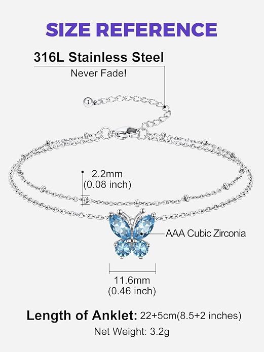 Richsteel Double Layer Heart/Butterfly Birthstone Anklet for Women Non Tarnish Waterproof, Silver/Gold/Black Stainless Steel 8.5-10.5 Inch Adjustable Chain Anklets Jewelry Gifts for Her