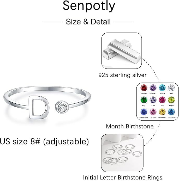 925 Sterling Silver Initial Letter Birthstone Rings for Women Adjustable 1-12 Month Birthstone Alphabet Stacking Ring for Teens Girls Stackable Birthstone Rings Birthday Jewelry Gift for Daughter Mom