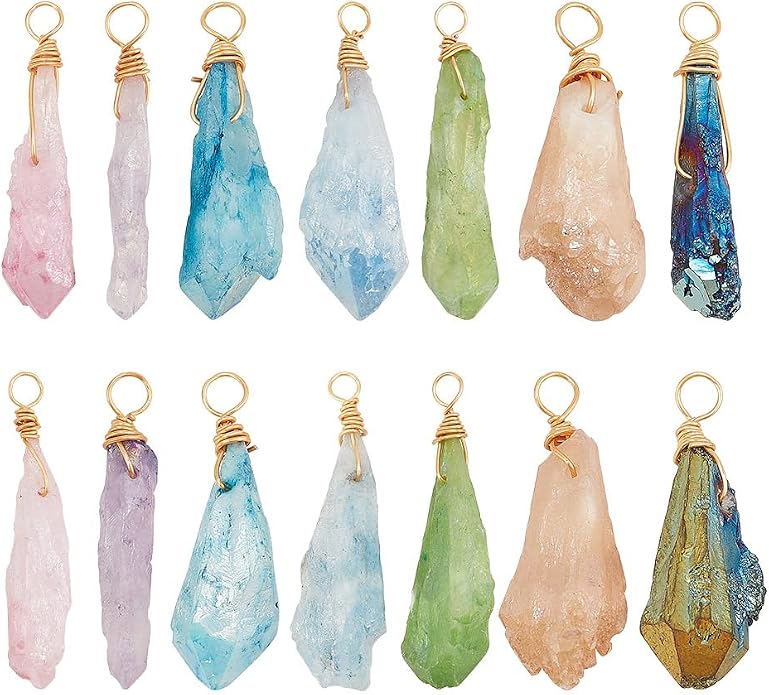 arricraft 14 Pcs 7 Colors Natural Quartz Crystal Wire Wrapped Charms, Raw Natural Stone Nuggets Charms Assorted Colors Gemstone Irregular Pendant for Gem Themed Jewelry Making, 3.5mm Hole