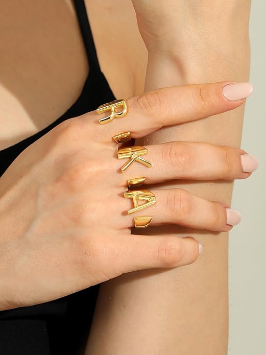 Suplight Nikel Free 18K Gold Plated Letter Rings, Fashion Monogram Jewelry Statement A-Z Wide Name Initial Alphabet Adjustable Open Ring for Women