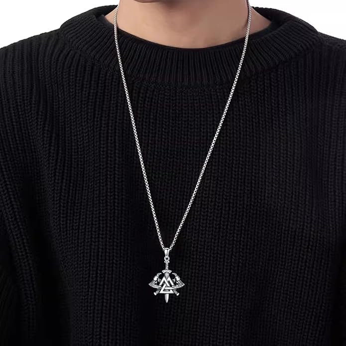 PROESS Viking Valknut Necklace S925 Sterling Silver Viking Knot Nordic Sword Necklace Celtic Axe Amulet Dagger Pendant Jewelry Gifts for Men Women