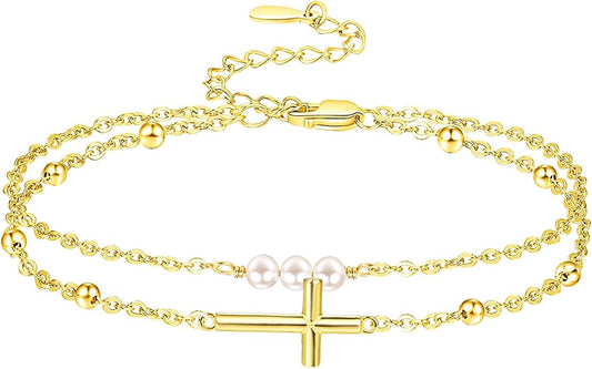 Palpitate Cross Anklet for Women Pearl Cross Ankle Bracelets 14K Gold Plated Adjustable Layered Foot Bead Chain for Women Beach Jewelry Christmas Gifts