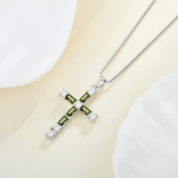 Birthstone Cross Necklace for Women 925 Sterling Silver Christian Religious Crucifix Pendant Rectangular Cut Birthstone Jewelry Gifts for Her