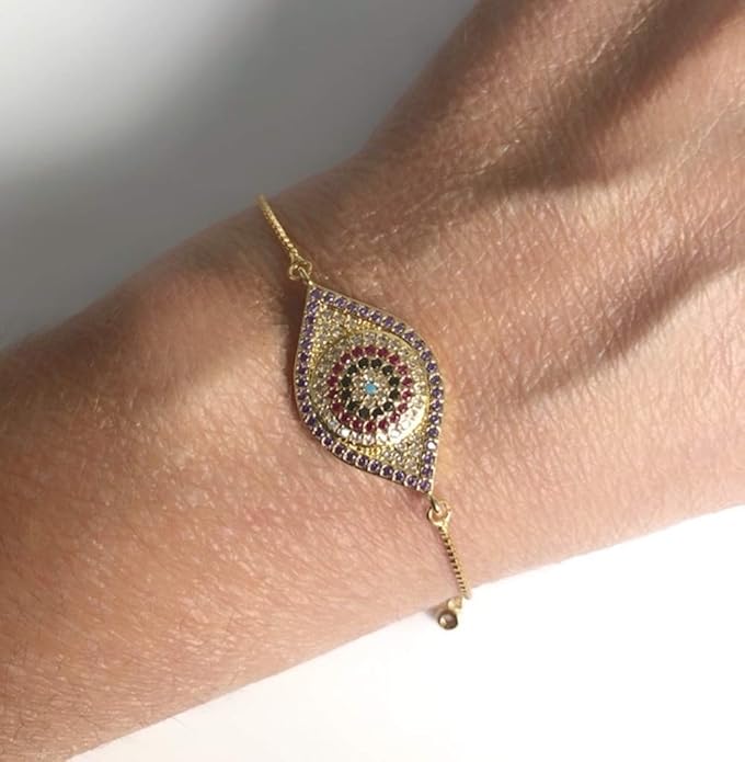 SIFRIMANIA Evil Eye Adjustable Sliding Bead Shiny Bracelet Lucky Charms Jewelry for Women of All Ages