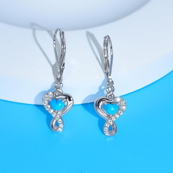 Real 925 Sterling Silver Trendy Dangle Earrings for Women | White Gold Plated | Hypoallergenic Turquoise/Black Onyx/Opal Filigree Jewelry Lightweight Celtic Lover Knot Leverback Earrings Gifts