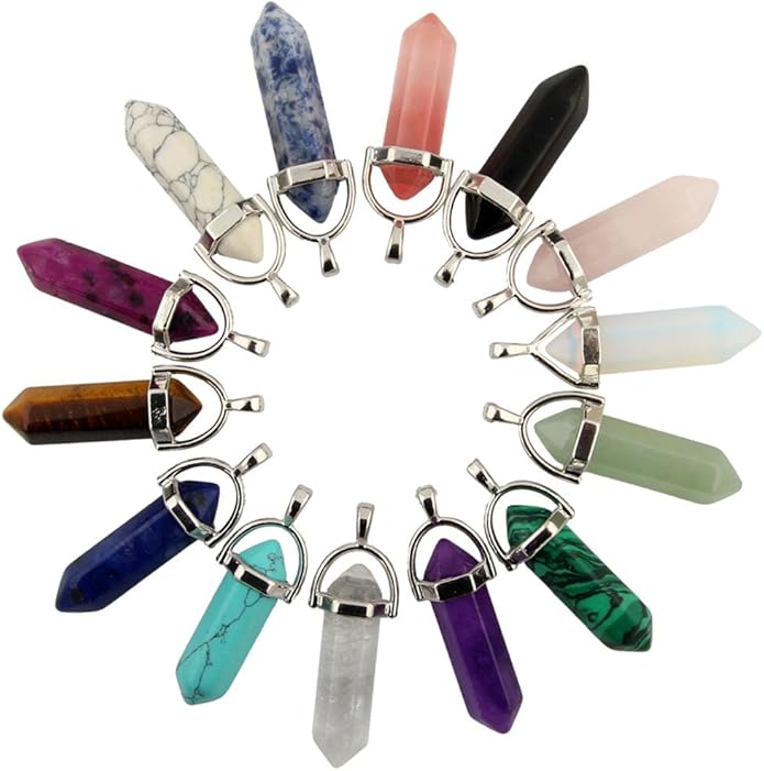 Mutilcolor 14pcs Bullet Shape Healing Pointed Chakra Pendants sugilite Quartz Crystal Stone Charm Randow Color for Necklace Making