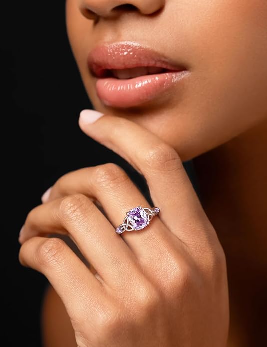 925 Sterling Silver Birthstone Rings for Women Cushion Cut Engagement Celtic Knot Ring Irish Jewelry Created Gemstone Anniversary Rings Size 6-10(with Box)