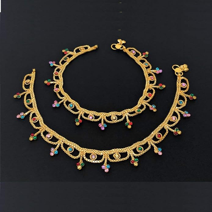 Duel On Jewel Gold Payal Set for Women, Indian Paayal Jhanjar Chain Anklets with Bell Detail, Foot Jewelry Pair, 10 Inch Comfort Fit, Traditional & Dainty Styles for Wedding Beach Everyday Gift