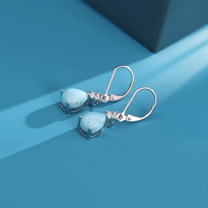 Larimar Dangle Earrings, 925 Sterling Silver Gemstone Larimar Drop Earrings for Women