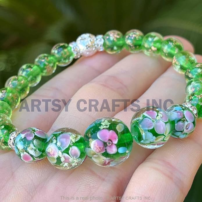 ARTSY Crafts Lily Garden Glow in the Dark Firefly Bead Bracelets Necklaces, Handmade in USA Murano Glass Jewelry, Flower Luminous Beads Mermaid Crystal Bracelet Bangle