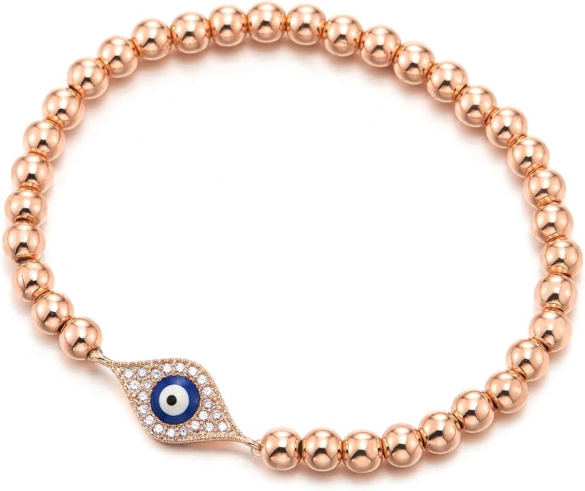 COOLSTEELANDBEYOND Beads Bracelet for Women Men with Cubic Zirconia Protection Evil Eye