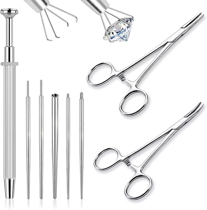 ONESING 2Pcs Piercing Ball Grabber Tool for Changing Jewelry, Stianless Steel Flat Back Earring Applicator Internally Threaded Push Pin Piercing Grabber Tool, Anti Slip 4 Claw Gem Ball Grabber Tool