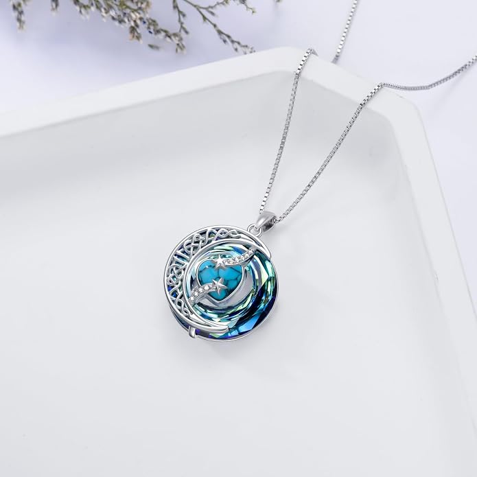 TOUPOP Birthstone Necklace 925 Sterling Silver Moon and Star Pendant Celtic Moon Jewelry with Blue Crystal Anniversary Birthday Gifts for Women Mom Wife Her