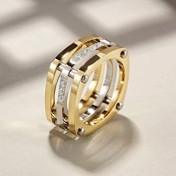 CIUNOFOR Square Chunky Cocktail Ring for Women, Gold Plated Stainless Steel CZ Statement Ring, Bold Wide Style, Sizes 6–11