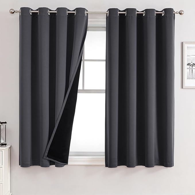 ChrisDowa 100% Blackout Curtains for Bedroom 2 Panels Set with Black Liner | 2 Thick Layers, Thermal Insulated, Light Blocking, Grommet, Window Treatment, Living Room Drapes, Dark Grey, 52 x 45 Inch