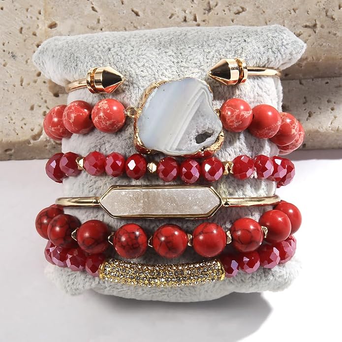 Yomisa 5PCS 6PCS Natural Boho Beaded Bracelets/Bangle for Women Men,Healing Turquoise Jasper Agate Crystal Gemstone Stone Chakra Multilayer Wrap Bohemian Handmade Jewelry Beads Stretch Bracelet Set