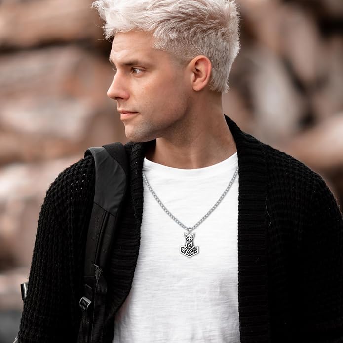 Viking Necklace for Men 925 Sterling Silver Viking Wolf/Thors Hammer/Vegvisir/Tree of Life/Compass Pendant Norse Necklace Amulet Talisman Christmas Gifts for Him Her