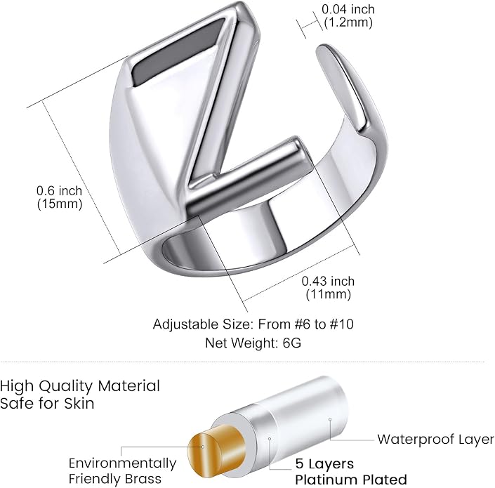 KeyStyle Bold Initial Letter Rings Adjustable, GoldChic Jewelry Women Gold Statement Ring Personalized Engraved Women’s Open Signet Ring for Party (Gold, White Gold, Black)