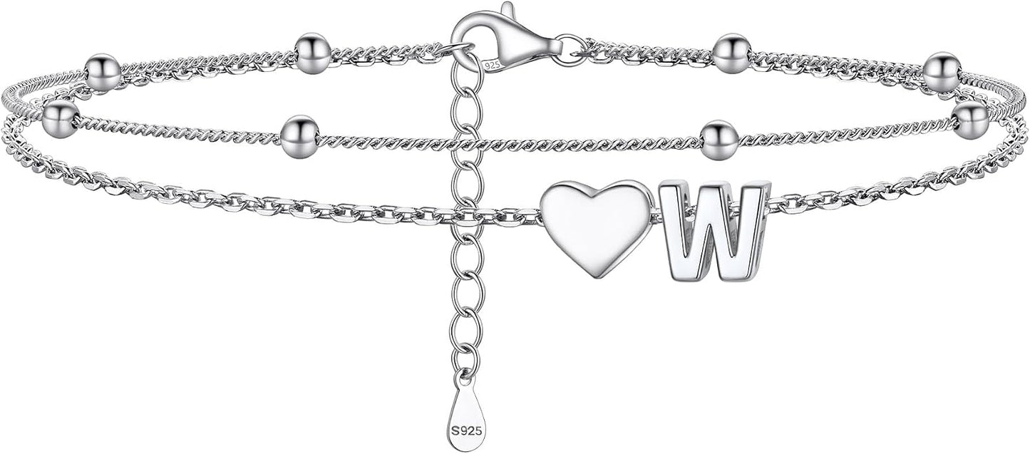 PROSILVER Ankle Bracelets for Women S925 Sterling Silver Anklets for Women Waterproof, Dainty Layered Heart Anklet, Beach Initial Anklet for Summer, Letter A-Z