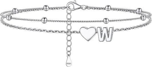 PROSILVER Ankle Bracelets for Women S925 Sterling Silver Anklets for Women Waterproof, Dainty Layered Heart Anklet, Beach Initial Anklet for Summer, Letter A-Z