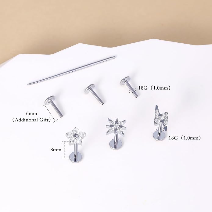 limerencia Titanium Internally Threaded Flat Back Earrings, 3 Pcs Implant Grade Hypoallergenic Studs, 18G Tragus Helix Conch Cartilage Piercing Jewelry for Sensitive Ears Women Men, Gold/Silver