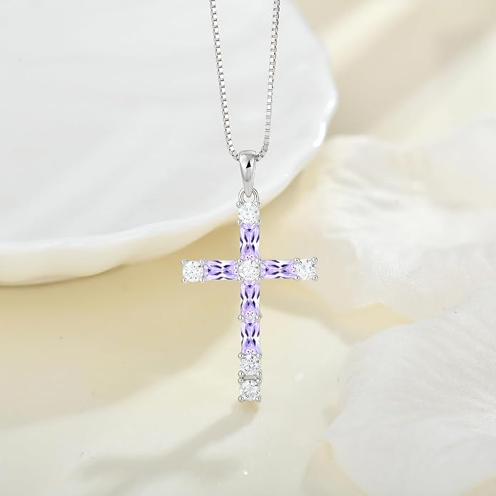 Birthstone Cross Necklace for Women 925 Sterling Silver Christian Religious Crucifix Pendant Rectangular Cut Birthstone Jewelry Gifts for Her