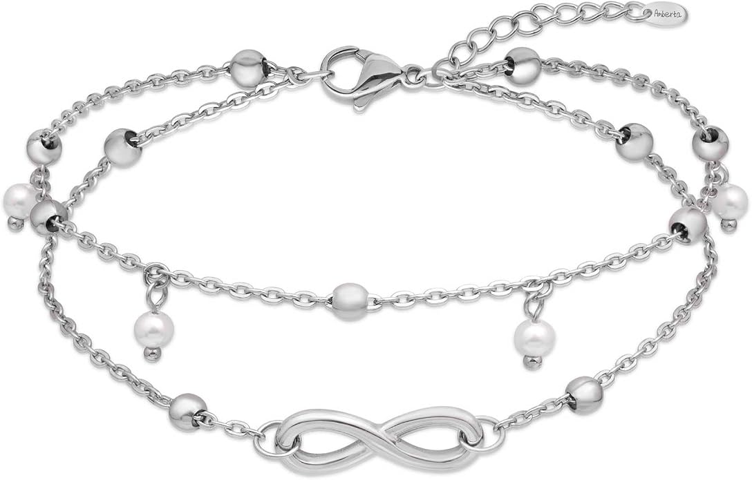 Amberta Silver Gold Waterproof Ankle Bracelets for Women | Boho Layered Anklets for Women | Summer Jewelry, Adjustable Ankle Chain Beaded Rope Heart