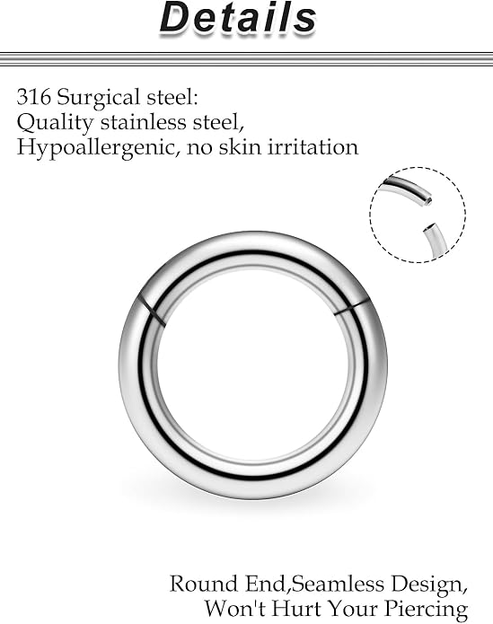 20G-2G Surgical Steel Hinged Clicker Septum Nose Rings Gauges Earrings Seamless Hoops Eyebrow Lip Ring Cliker Helix Tragus Daith Rook Earrings for Women Men