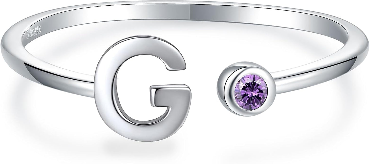 925 Sterling Silver Initial Letter Birthstone Rings for Women Adjustable 1-12 Month Birthstone Alphabet Stacking Ring for Teens Girls Stackable Birthstone Rings Birthday Jewelry Gift for Daughter Mom