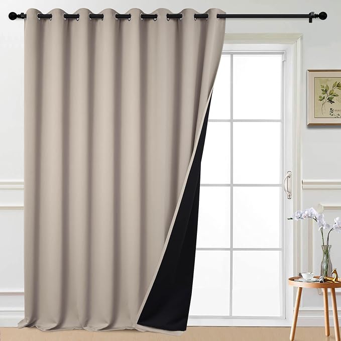 Yakamok Natural 100% Blackout Patio Door Curtain Panels W100 x L96,1 Panel | Noise Reducing Barrier Panel for Sliding Glass Door, 2 Thick Layers Heat Full Light Blocking Patio Door Drapery