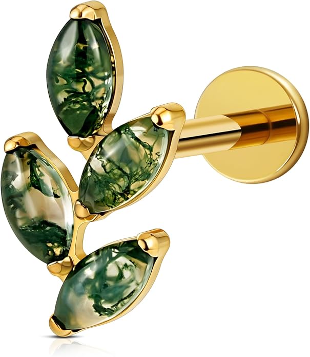 FINE4U 16G Moss Agate Body Piercing Jewelry for Helix Flat Tragus Lobe 16G 6mm 8mm - ASTM F136 Titanium Screw on Flat Back Stud, Hypoallergenic Cartilage Earring