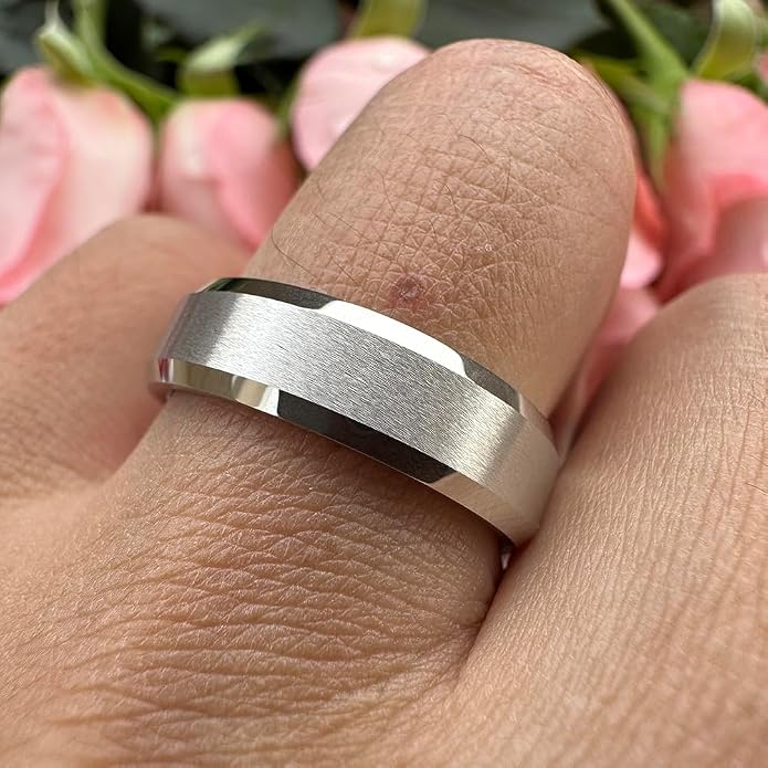 TUTISS 6mm 8mm White Tungsten Rings for Men Women Couple Fashion Jewelry Engagement Wedding Bands Matte Finish Beveled Edges Comfort Fit