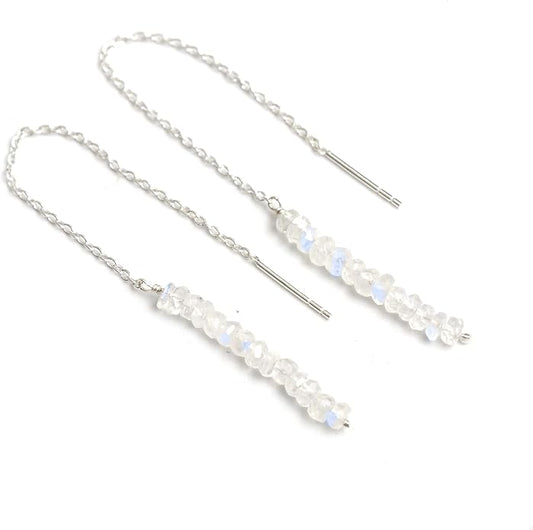 Sterling Silver Threader Earrings with Real Gemstone Beads - Elegant Pull-Through Design for Women, Dangling Western Earrings, Long and Short Adjustable Earring