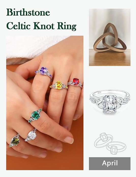 925 Sterling Silver Birthstone Rings for Women Cushion Cut Engagement Celtic Knot Ring Irish Jewelry Created Gemstone Anniversary Rings Size 6-10(with Box)