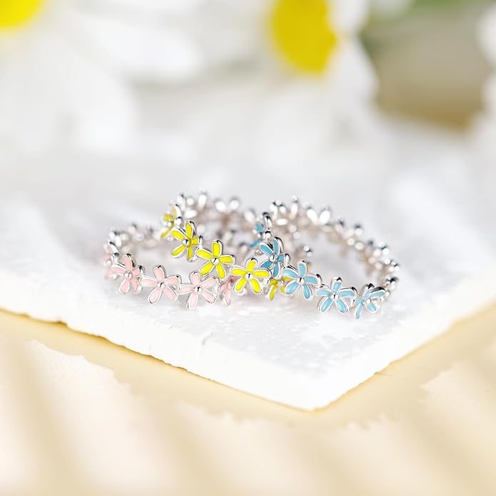 S925 Sterling Silver Dainty Daisy Flower Rings for Women, I Think Of You Every Daisy, 12 Month Birth Flower Ring