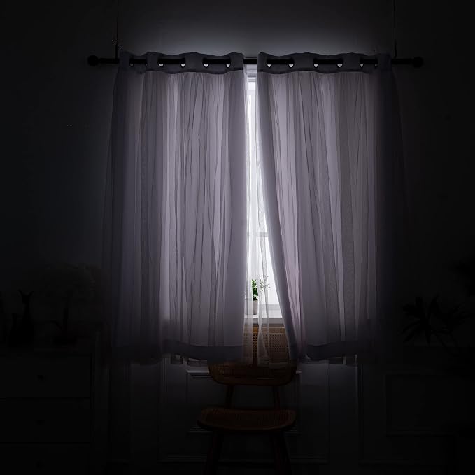 INLINAS Greyish White Blackout Curtains with Sheer Overlay - Grommet Top Thermal and Noise Reduction Panels for Bedroom and Living Room Light Blocking and Energy Saving, 52 x 63 Inches, Set of 2
