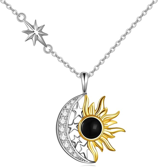 Sun and Moon Necklace for Women 925 Sterling Silver Celtic Crescent Moon Pendant Blue Opal/White Opal/Abelone Shell/Labradorite/Moonstone Jewelry Gift for Teen Girls