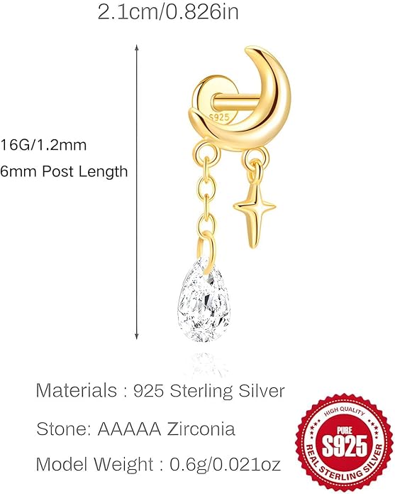 Sterling Silver 925 Flat Back Earring for Women Hidden Helix Piercing Jewelry 16G Star Moon Dangle Cartilage Internally Threaded Tragus Conch Stud Screw Cubic Zirconia Ear Ring