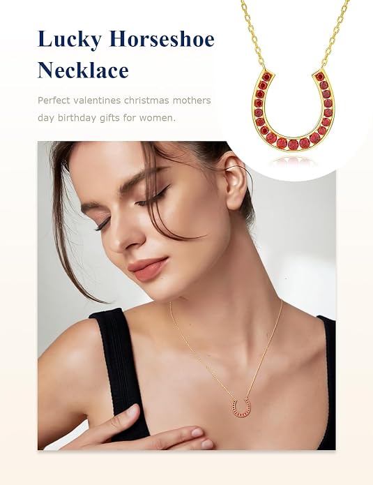 Luck Horseshoe Necklace 14K Gold Plated/Sterling Silver Created Gemstone Pendant with Chain Channel Set U Shaped Charm Necklace Birthstone Jewelry