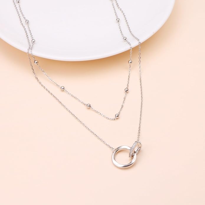 Layered Choker Necklaces for Women S925 Sterling Silver Circle/Heart/Cross/Star Multi Layered Necklace Handmade Bead Chain Adjustable Jewelry for Birthday