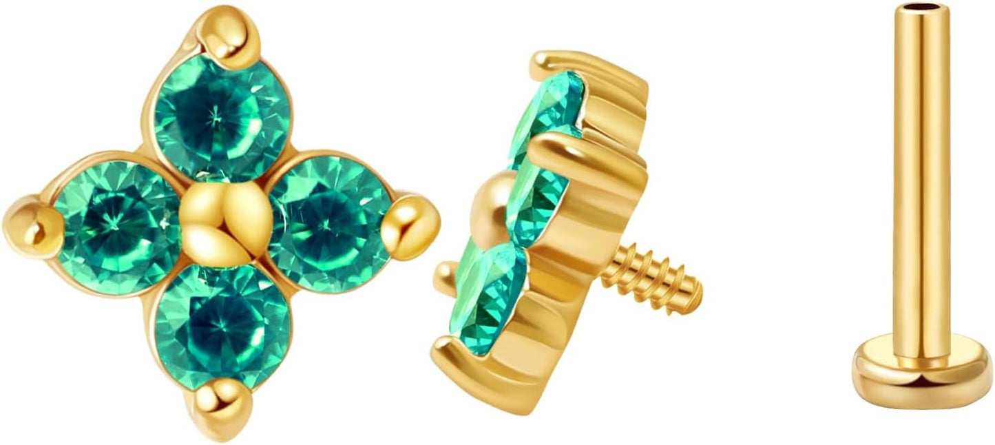 FANSING CZ Flower Internally Threaded Flat Back Earring Labret Stud for Cartilage Tragus Helix Conch