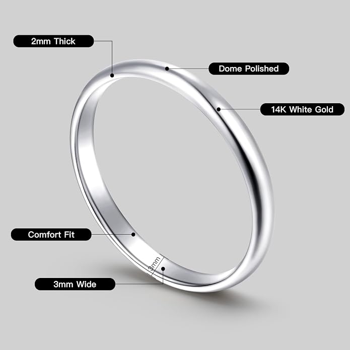 14K White Gold Plated Wedding Bands for Women, 3mm Comfort Fit Dome Polished Plain 925 Sterling Silver Ring, Anniversary Engagement Promise Gift for Her