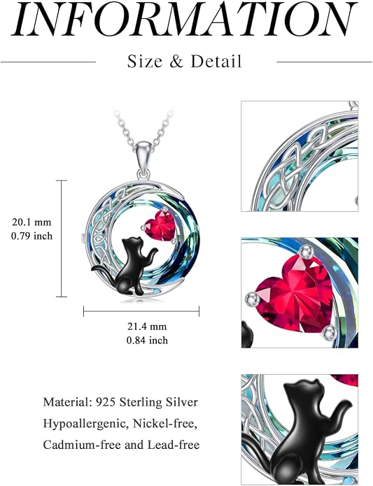 TOUPOP Cat Gifts for Cats Lovers 925 Sterling Silver Black Cat Necklace Celtic Moon Birthstone Jewelry for Women Anniversary Birthday Gift for Her Wife Mom