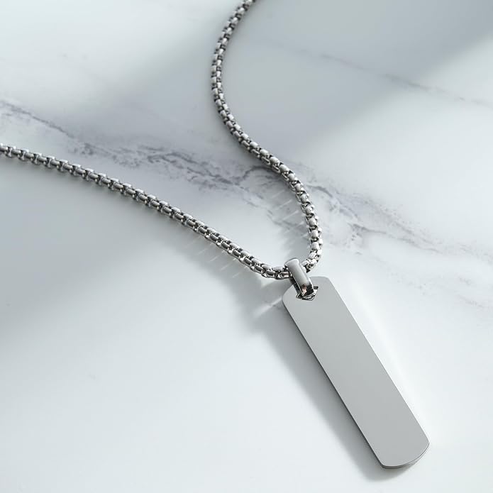 Fathers Day Personalized Vertical Bar Pendant Necklace - Custom Name Text Necklace Customized Stainless Steel Memorial Necklace Dad Gifts for Men