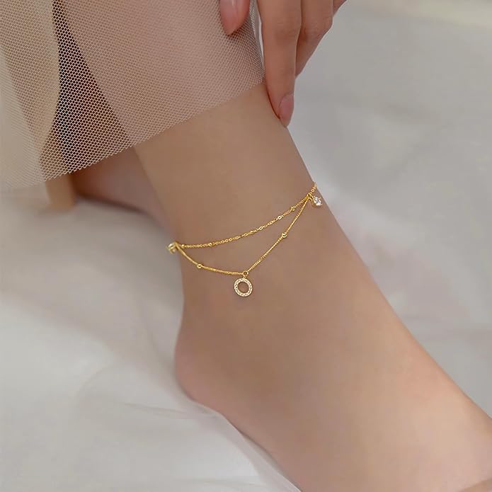 925 Sterling Silver Beaded Anklets for Women 14K Gold Plated Layered Ankle Bracelets Waterproof Cubic Zirconia Circle Charm Anklets Summer Jewelry Birthday Graduation Gifts