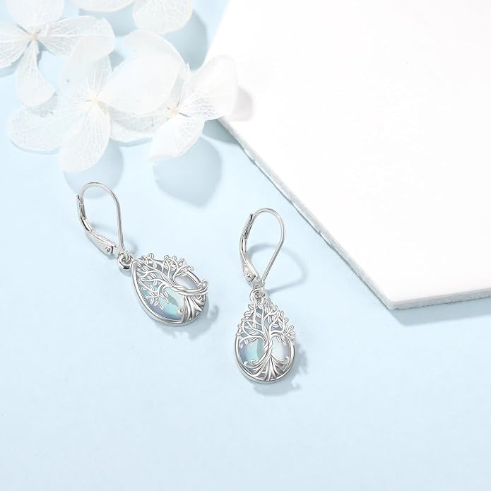 Odinstone 925 Sterling Silver Earrings Tree of Life Teardrop Moonstone Dangle Drop Leverback Earrings for Women