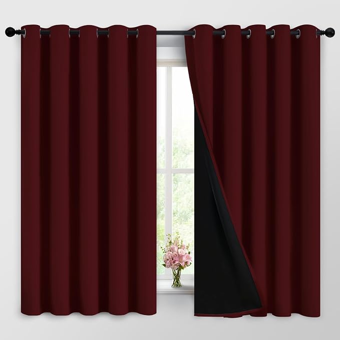 Yakamok Burgundy Red Blackout Curtains 63 Inches Long for Bedroom 62" Wide | Blackout Curtain Panels for Bedroom, 2 Thick Layers Grommet Top Thermal Insulated Drapes with Black Liner for Living Room