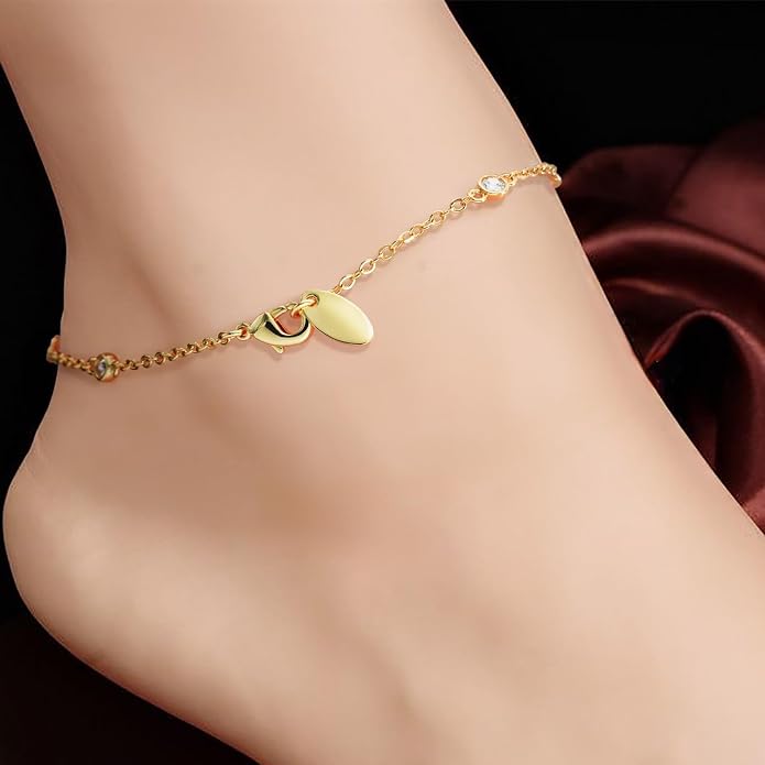 14K Gold Anklets for Women Non Tarnish 1/5 Carat Diamond Ankle Bracelet 14K Gold Ankle Bracelets for Women Waterproof Box Station Chain Design Jewelry for Women 9/10/11in
