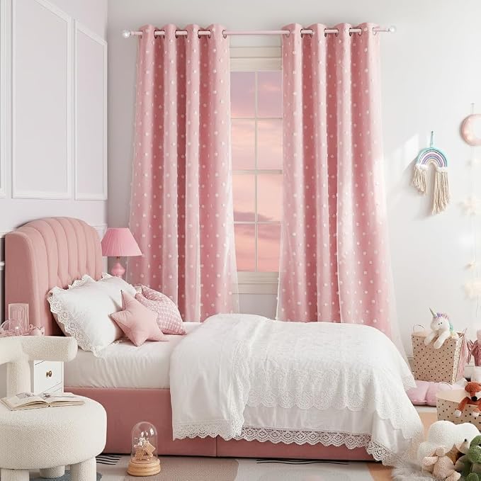 PONY DANCE Pink Curtains for Living Room 84 Inches Long, Thermal Insulated Room Darkening Curtains with Pom Pom Sheer, Double Layer Curtain for Girls Nursery Bedroom, 52W x 84L, Blush Pink, 2 Panels