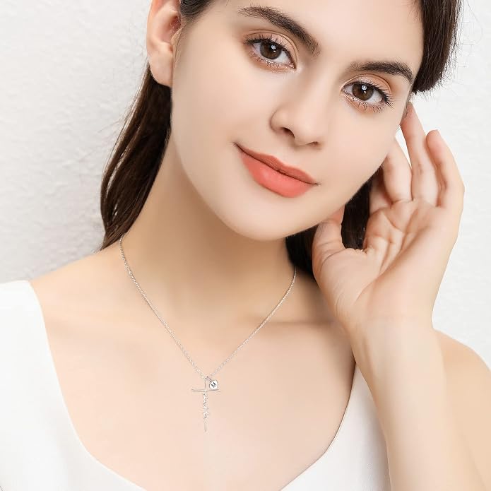 PRAYMOS Faith Cross Necklace for Women 925 Sterling Silver Pendant Necklace With Birthstone Initial Christian Religious Confirmation Baptism Mothers Day Gifts